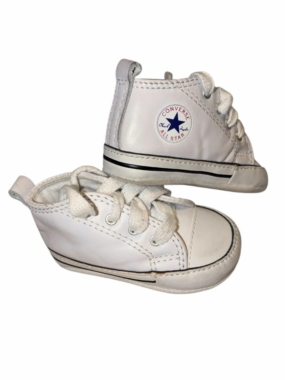 Vintage Converse All Star White Leather Baby Crib Shoes High Top Chuck Taylor 2